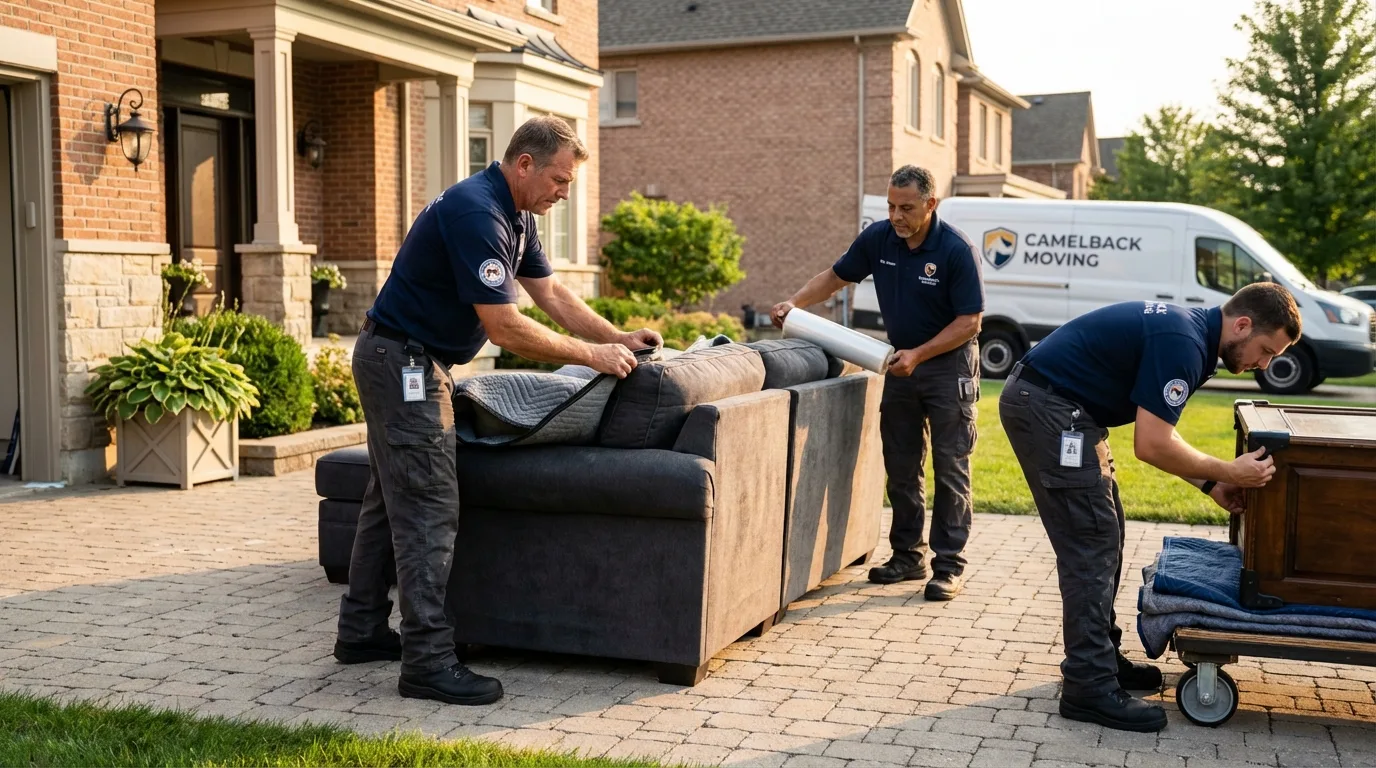 Large estate moving crew wrapping furniture in North Little Rock, AR