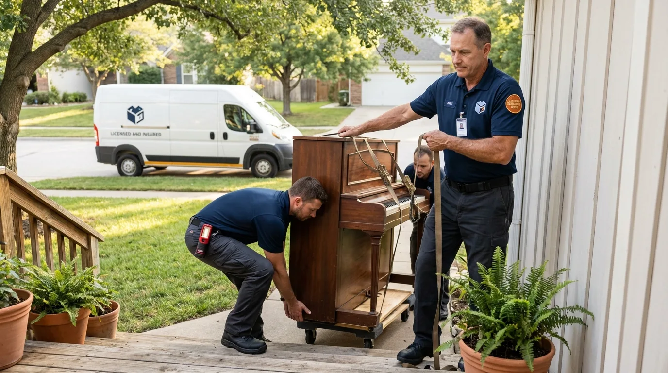 Licensed piano movers securing grand piano in North Little Rock, AR
