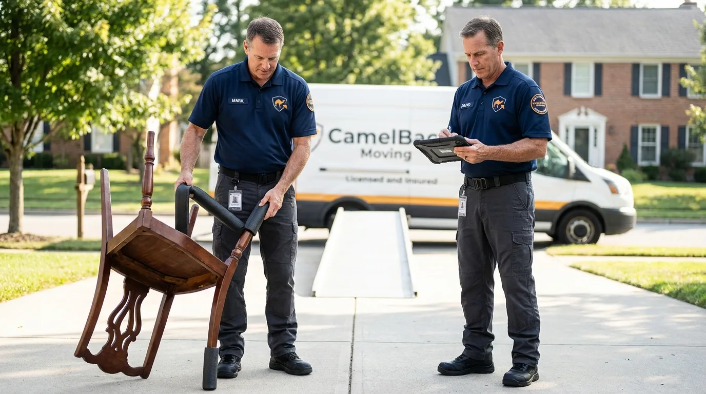 Movers inspecting furniture for damage prevention before loading in North Little Rock, AR
