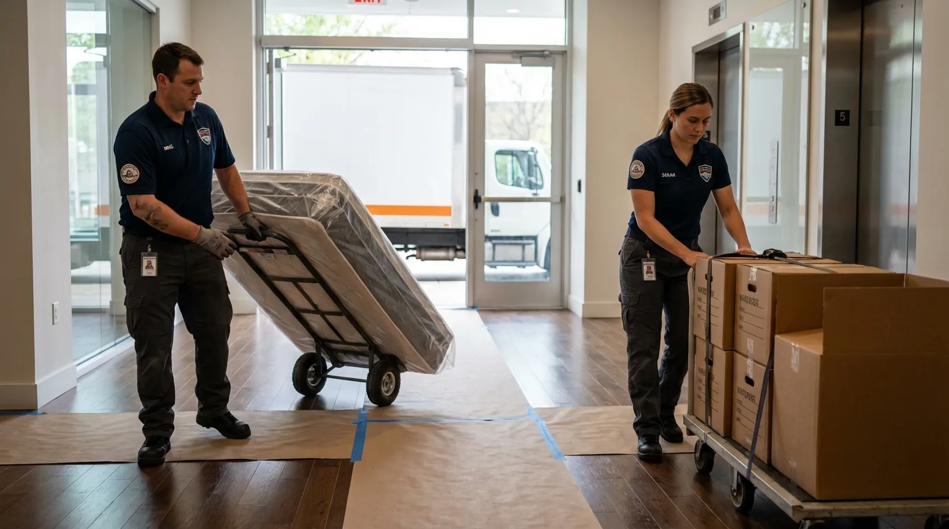 Professional apartment movers loading elevator in North Little Rock, AR