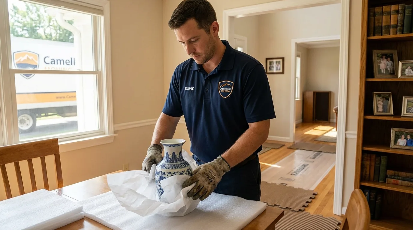 Professional crew carefully wrapping antique vase for senior downsizing move in North Little Rock, AR